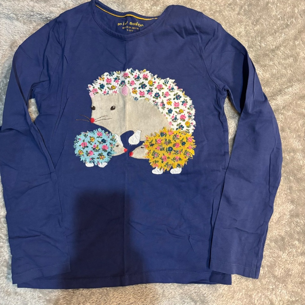 Mini Boden Blue Floral Hedgehog Long Sleeve Tee 9-10